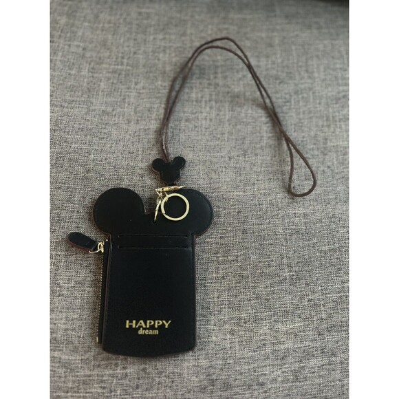 Happy Dream Mickey Mouse Lanyard Leather Black Gold Ears Card Money Coin Holder - Picture 3 of 4